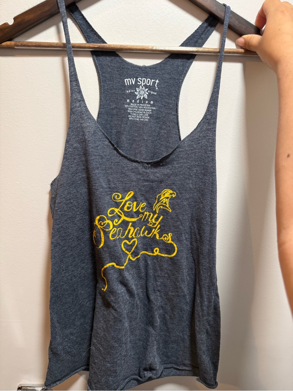 MV Sport Gray Racerback Tank with Yellow Seahawks Script